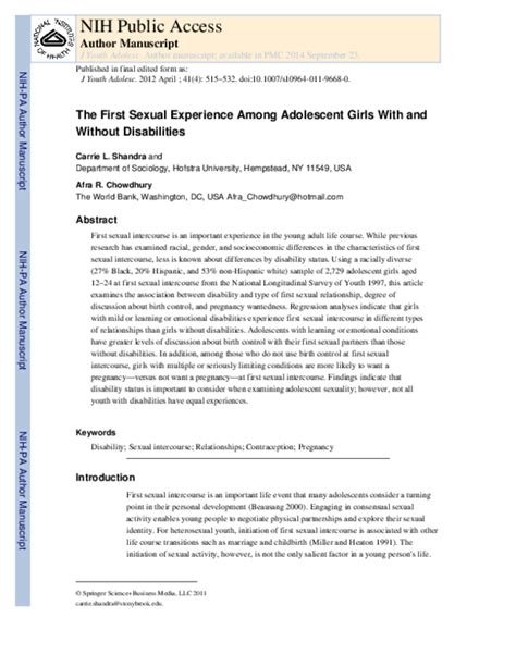 The First Sexual Experience Among Adolescent Girls With and .